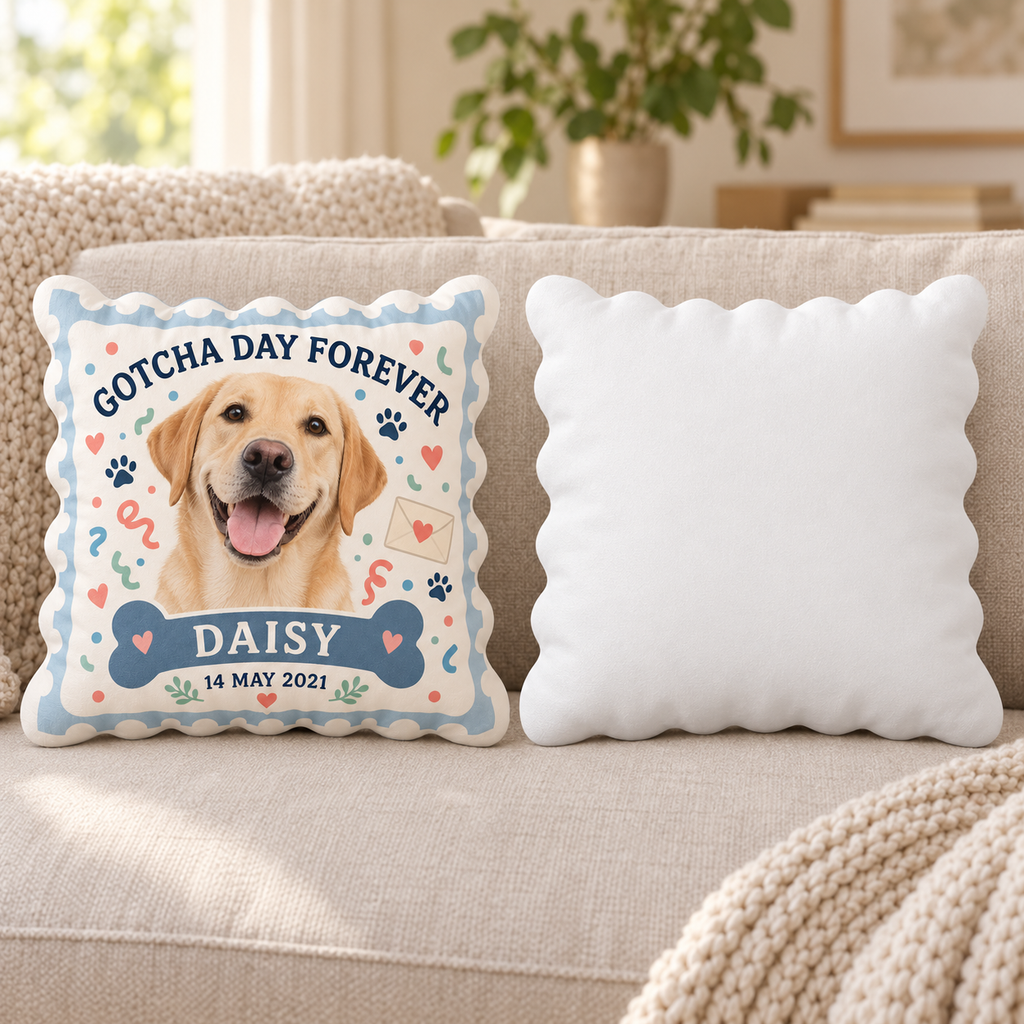 Gotcha Day Forever — Personalized Pet Shaped Pillow — front design example and plain white reverse; two views of one pillow