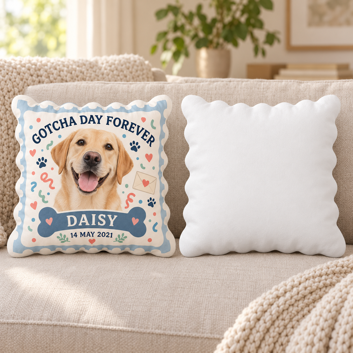 Gotcha Day Forever — Personalized Pet Shaped Pillow — front design example and plain white reverse; two views of one pillow
