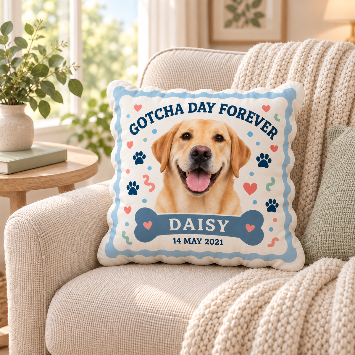 Gotcha Day Forever — Personalized Pet Shaped Pillow — personalized pillow in a cozy reading nook