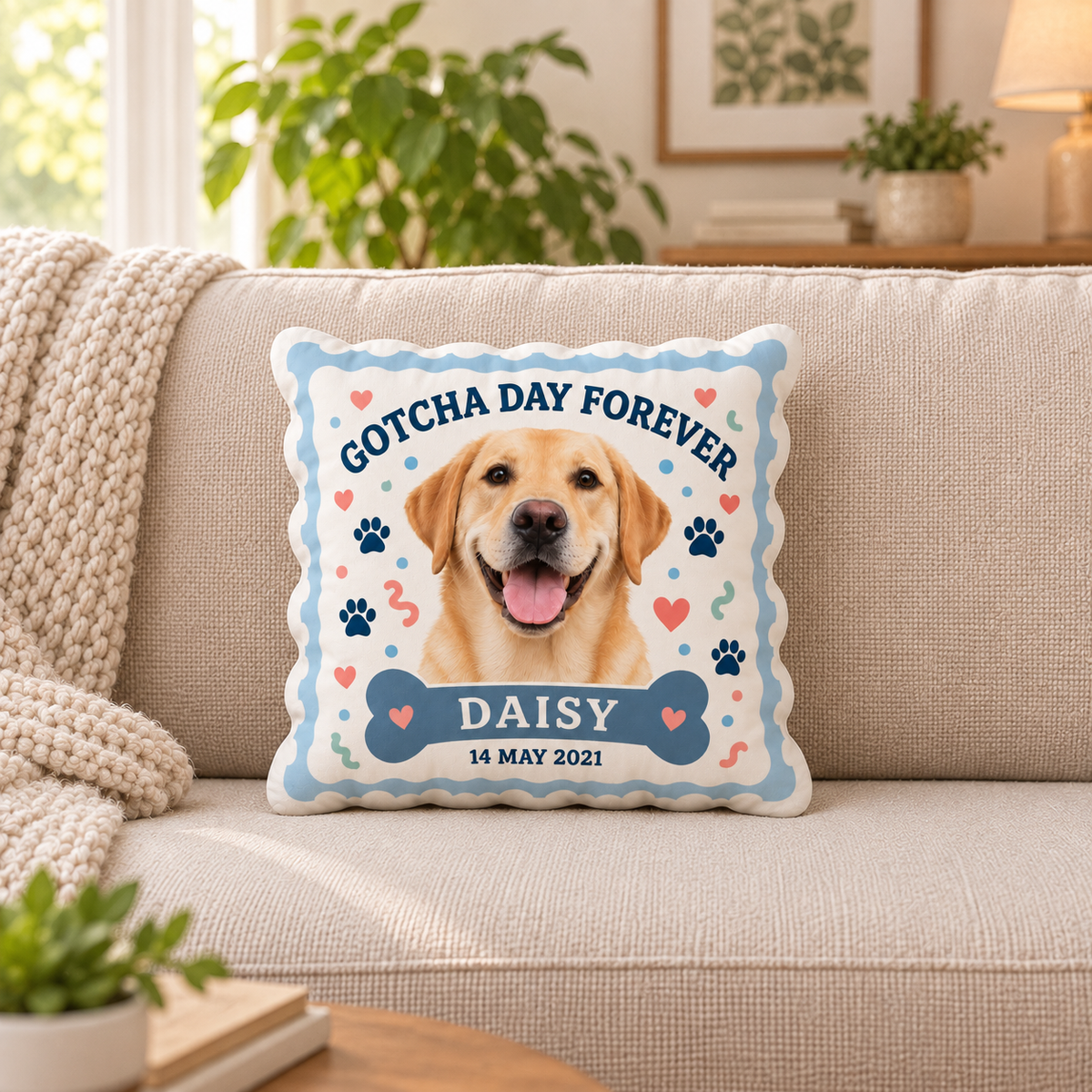 Gotcha Day Forever — Personalized Pet Shaped Pillow — supplied front design example