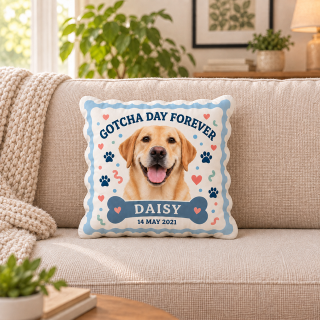 Gotcha Day Forever — Personalized Pet Shaped Pillow — supplied front design example