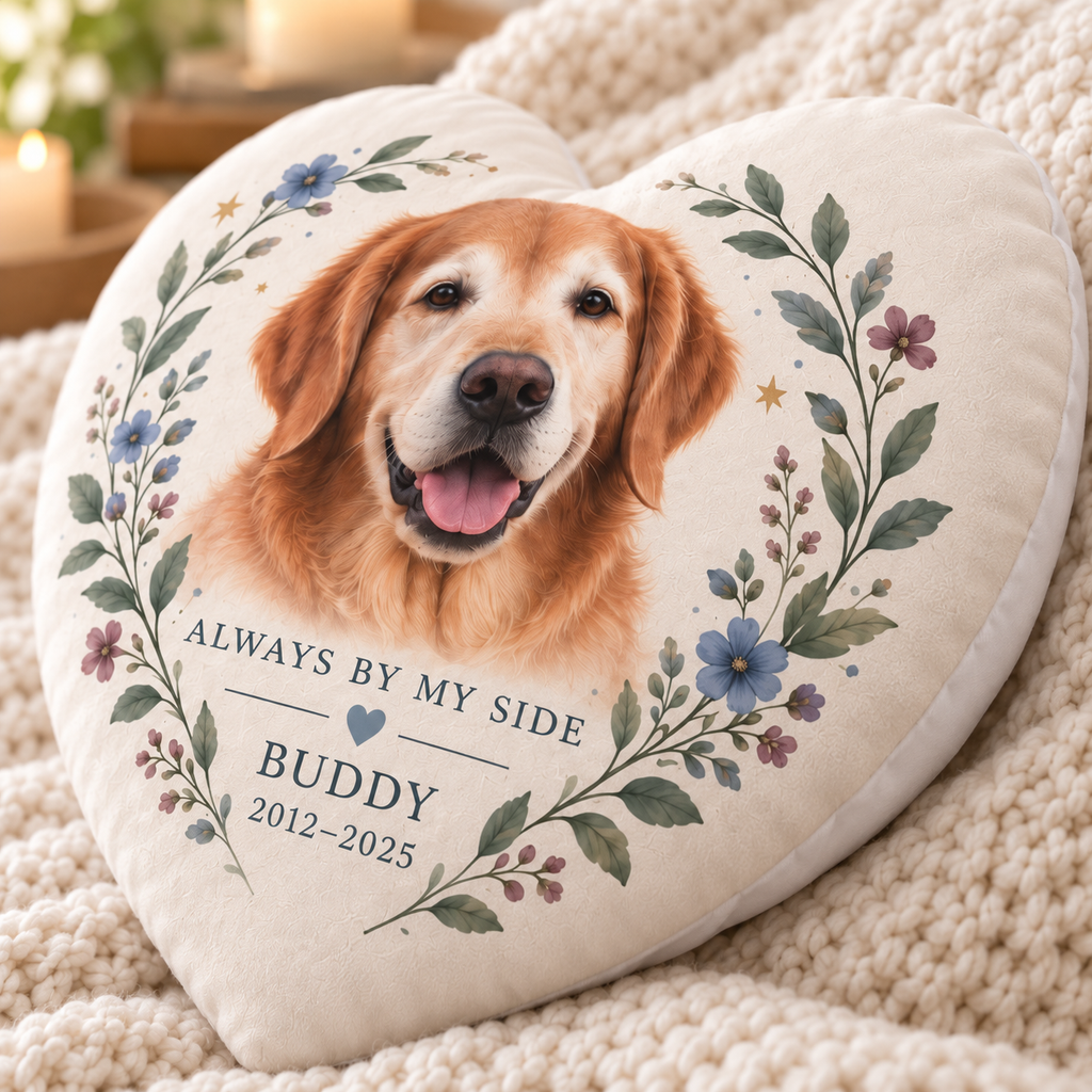 Always by My Side — Personalized Pet Shaped Pillow — close-up of printed design and soft cushion edge