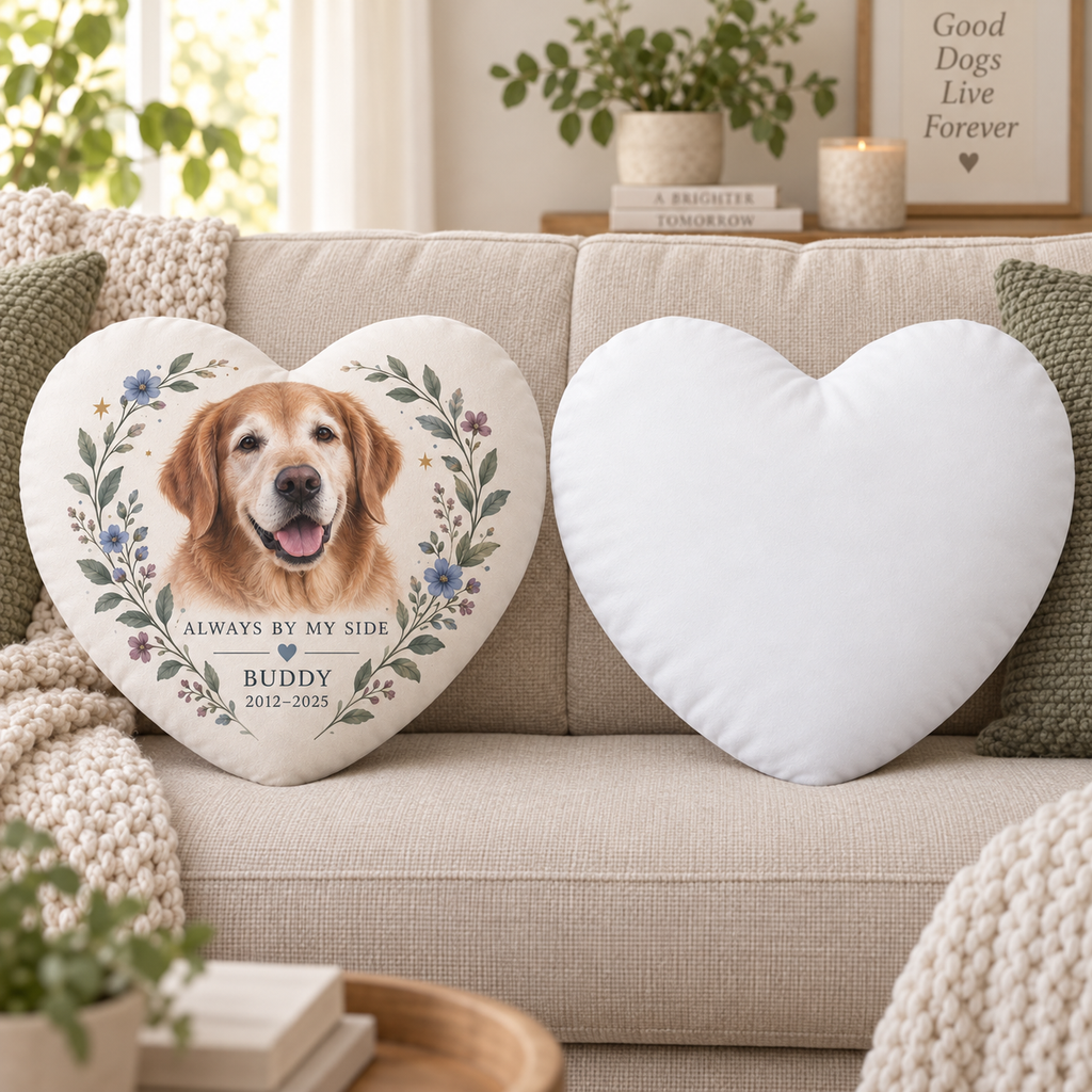 Always by My Side — Personalized Pet Shaped Pillow — front design example and plain white reverse; two views of one pillow