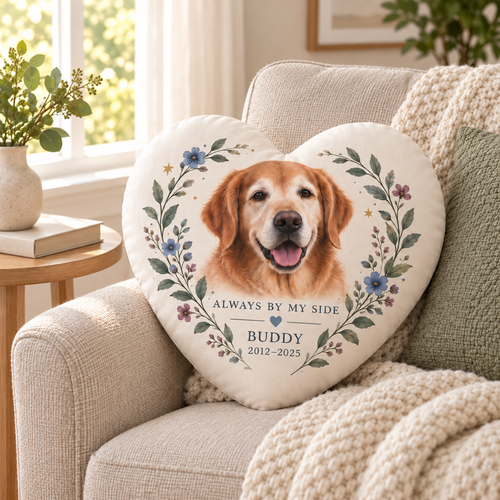 Always by My Side — Personalized Pet Shaped Pillow — personalized pillow in a cozy reading nook