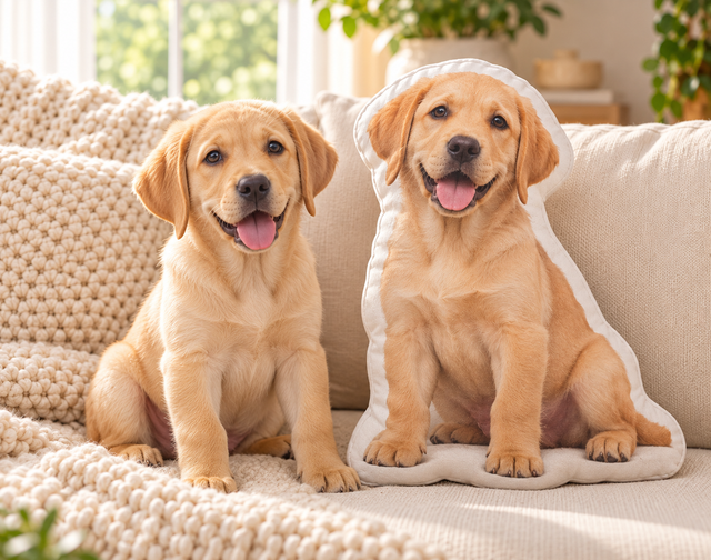 Simply You custom pet photo shaped pillow beside a Golden Retriever puppy — lifestyle example