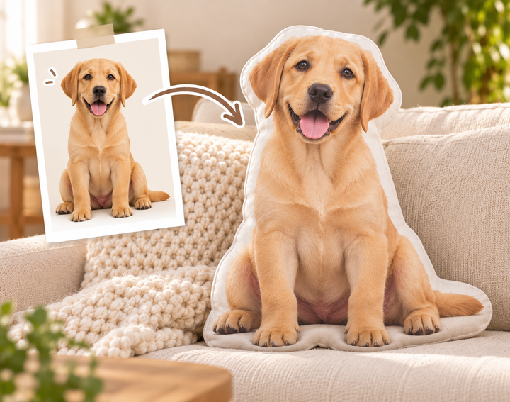 Golden Retriever photo transformed into a Simply You personalized shaped pillow