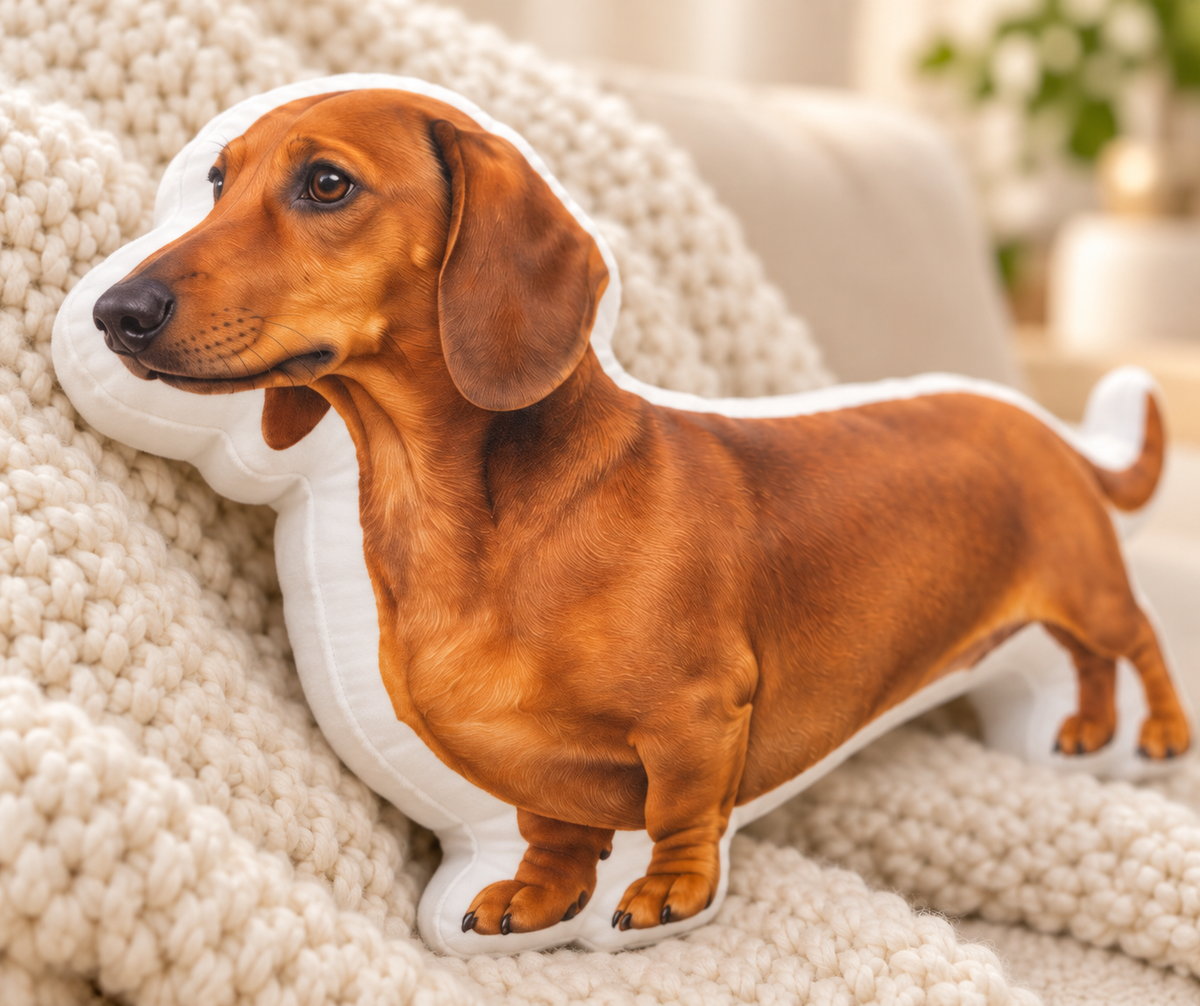 Simply You custom pet photo shaped pillow — closeup; dachshund example