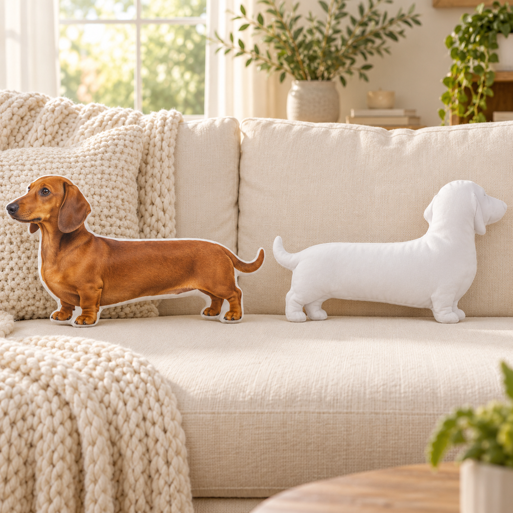Simply You custom pet photo shaped pillow — front back; dachshund example