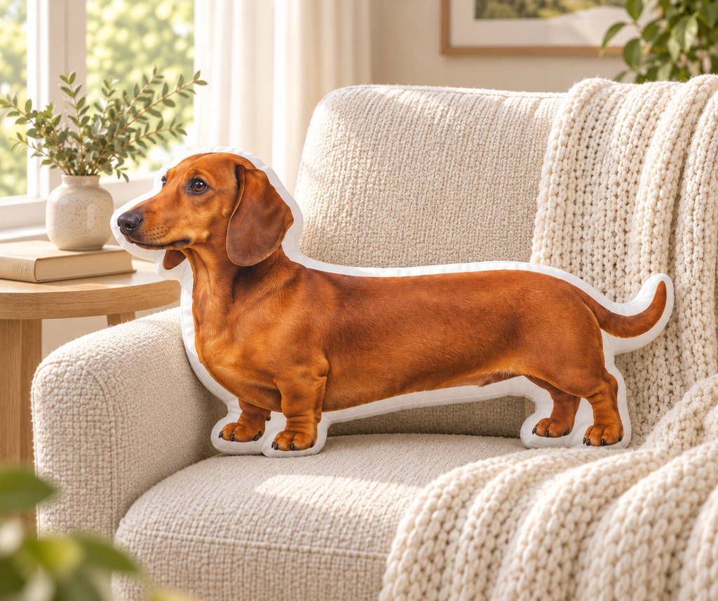 Simply You custom pet photo shaped pillow — lifestyle; dachshund example