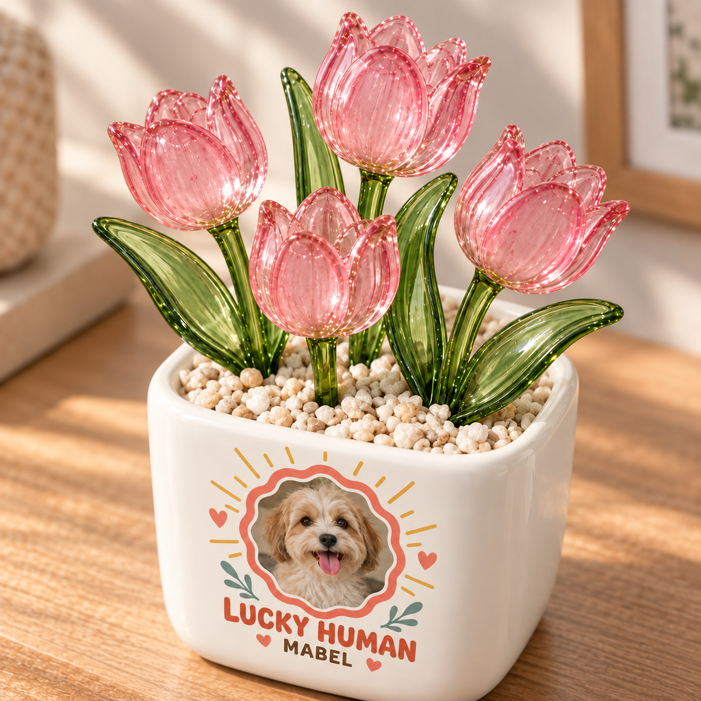 lucky to be your human personalized pet glass tulip pot — glass tulip detail close-up