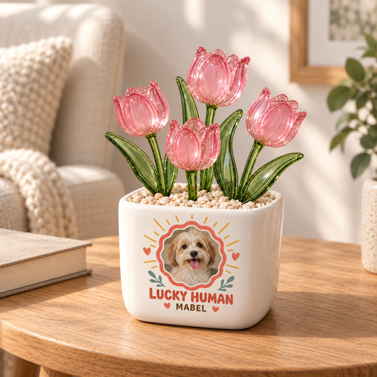 lucky to be your human personalized pet glass tulip pot — warm home interior mockup