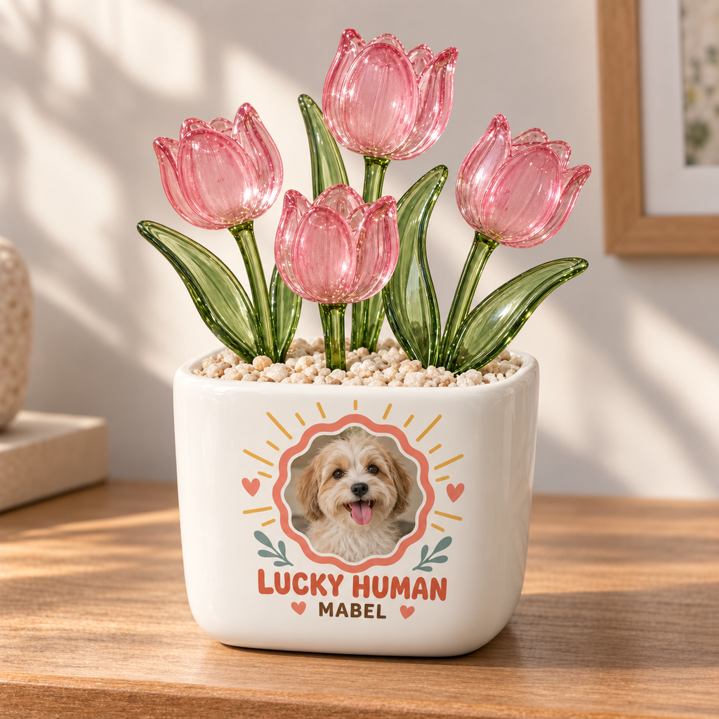 lucky to be your human personalized pet glass tulip pot — primary design mockup