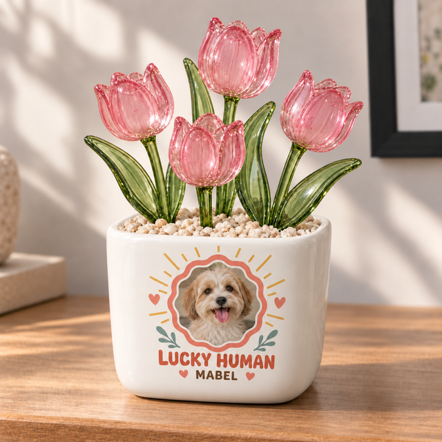 lucky to be your human personalized pet glass tulip pot — primary design mockup