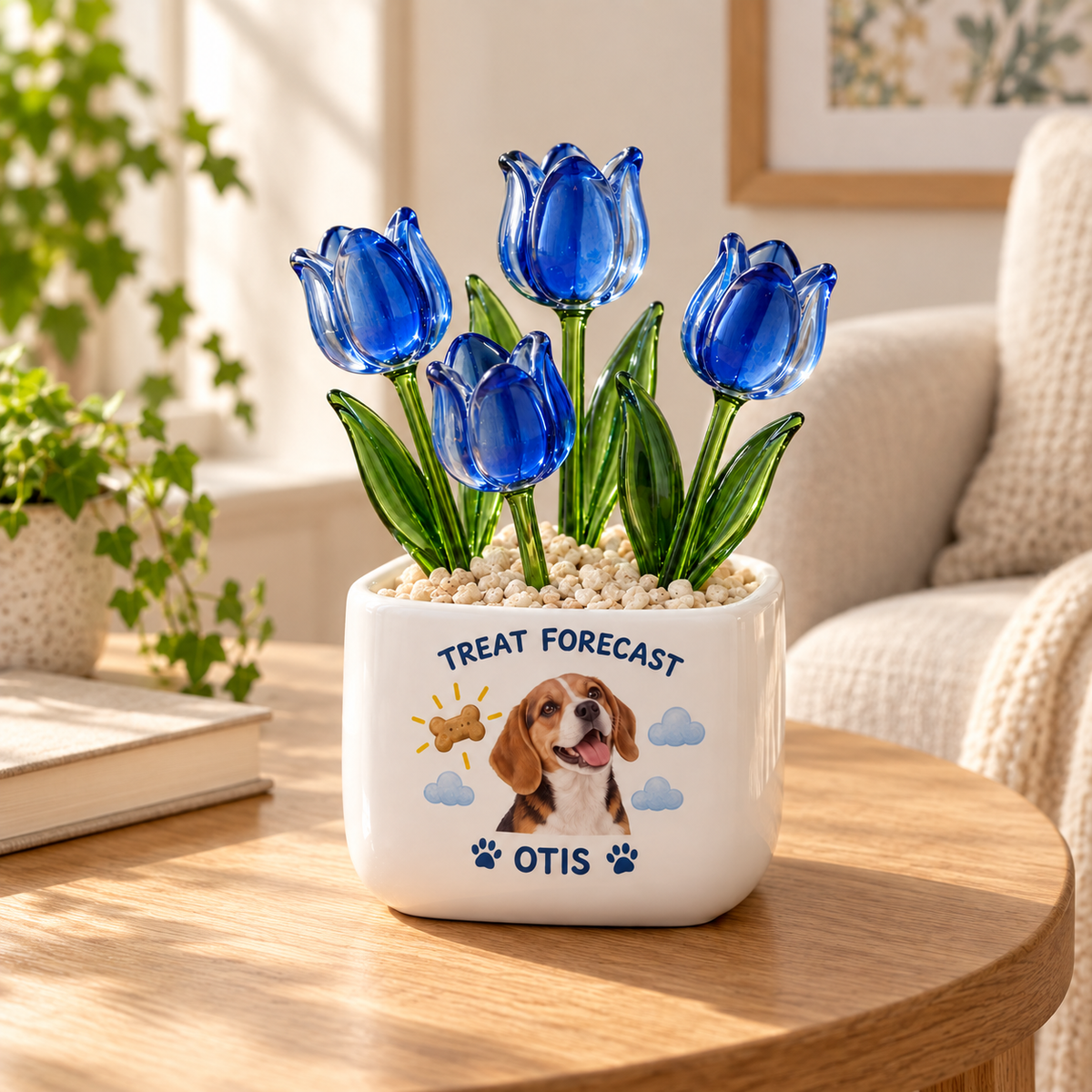 the treat forecast personalized pet glass tulip pot — warm home interior mockup