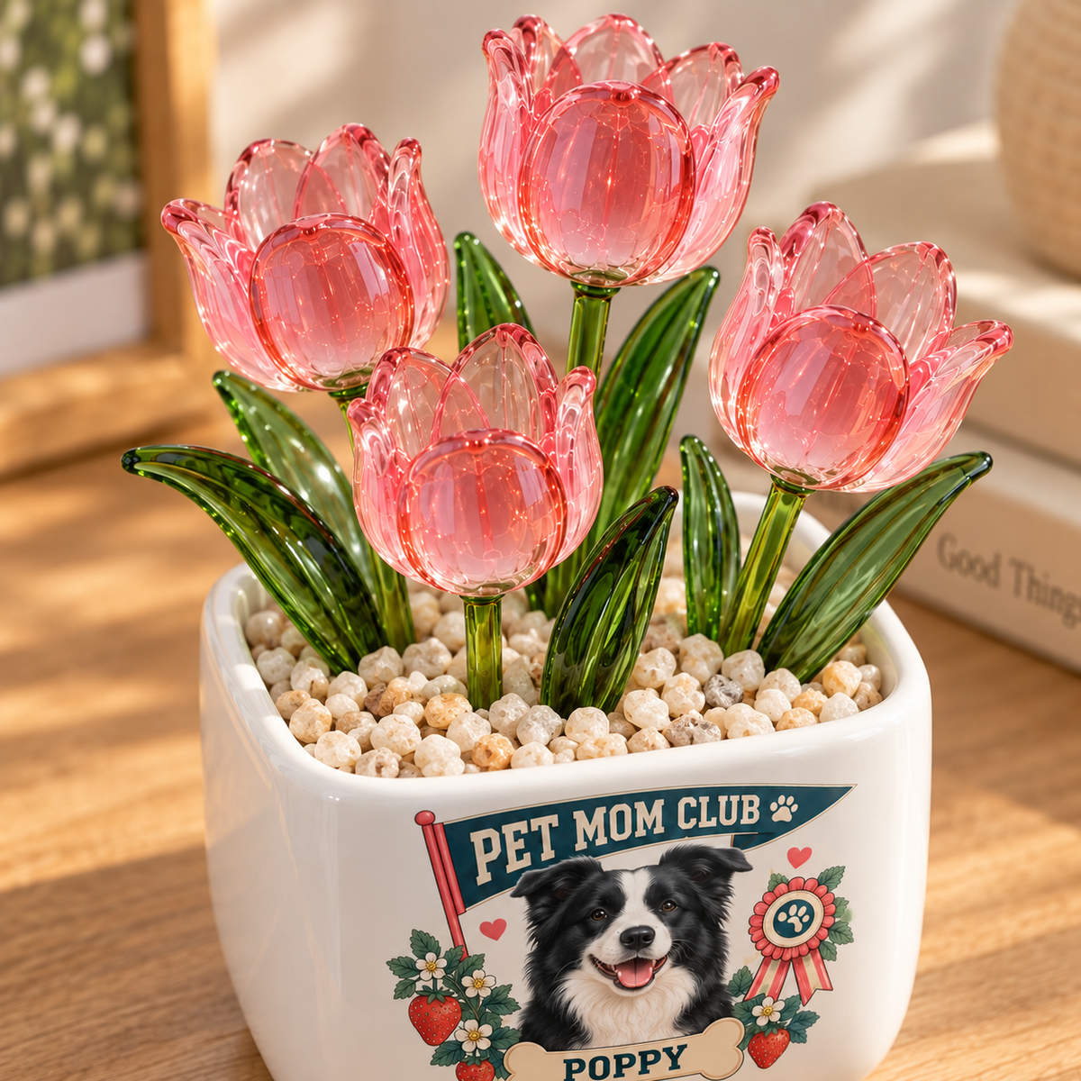 best pet mom club personalized pet glass tulip pot — glass tulip detail close-up