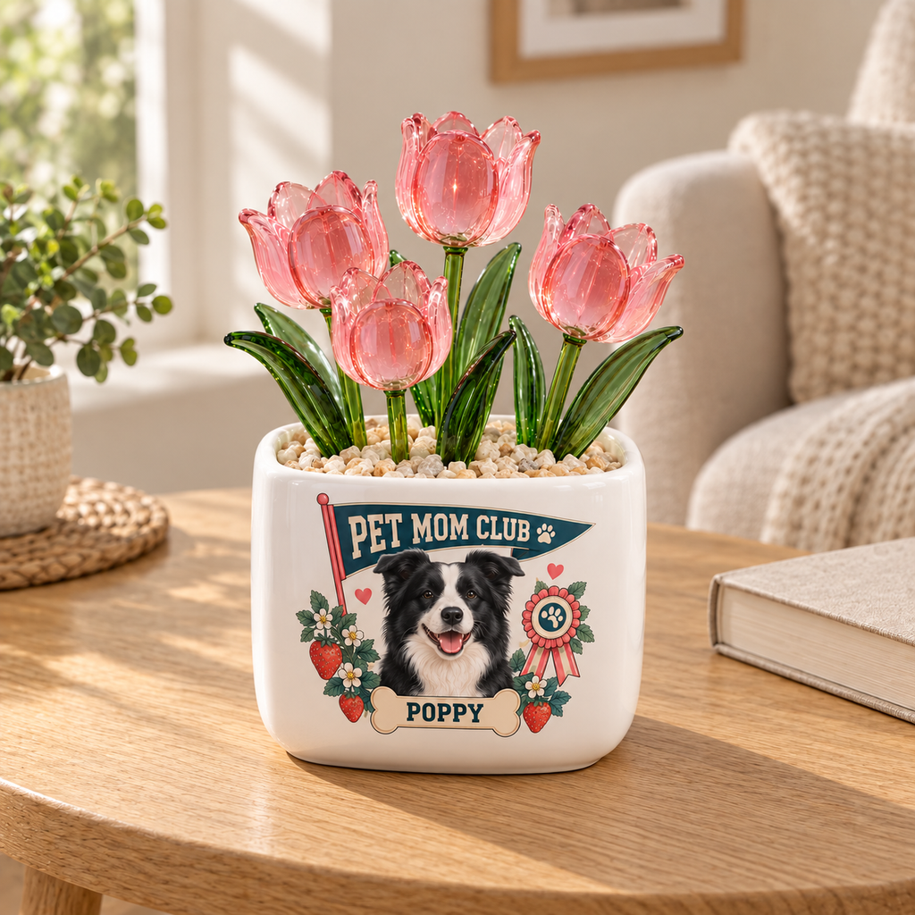 best pet mom club personalized pet glass tulip pot — warm home interior mockup