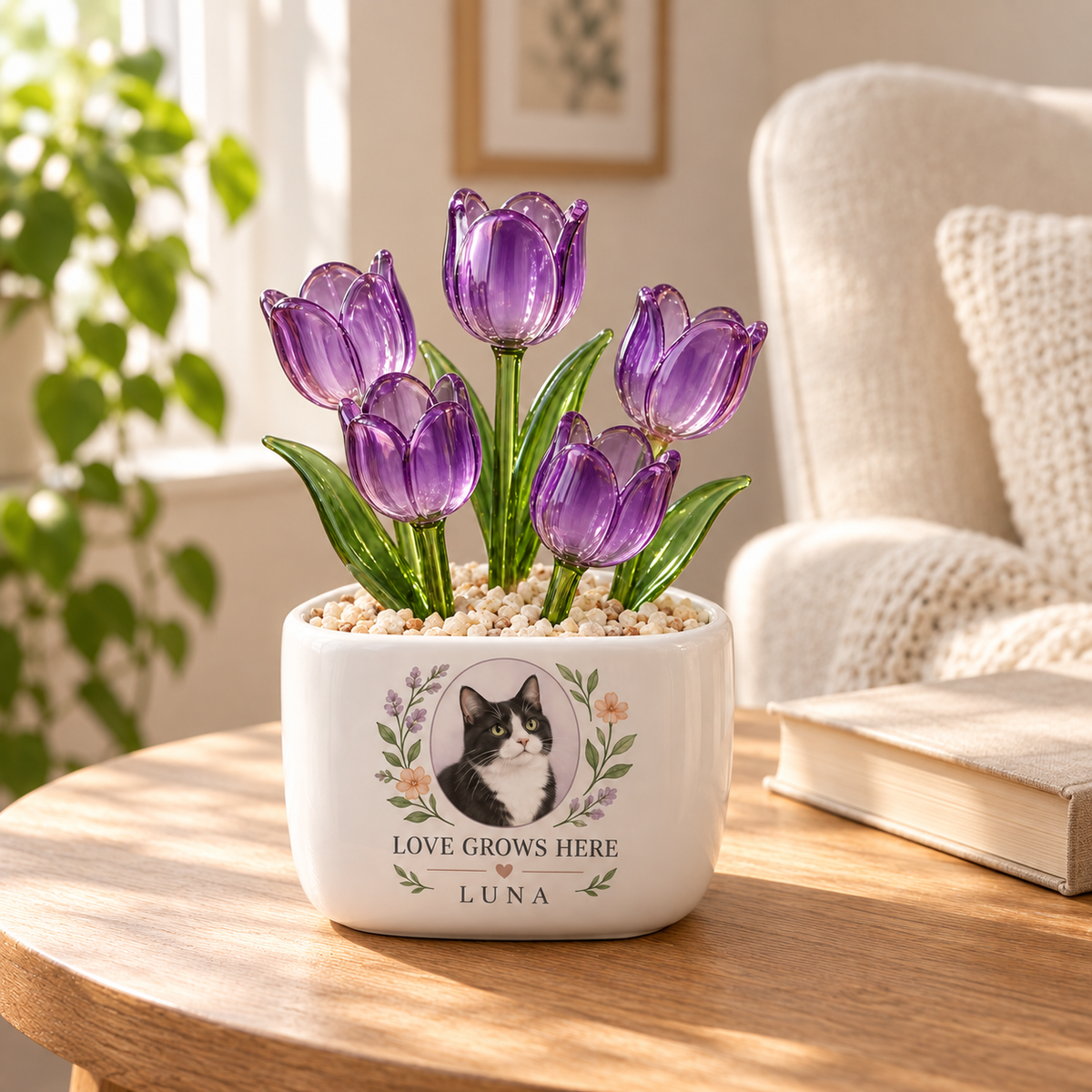 love grows here personalized pet glass tulip pot — warm home interior mockup