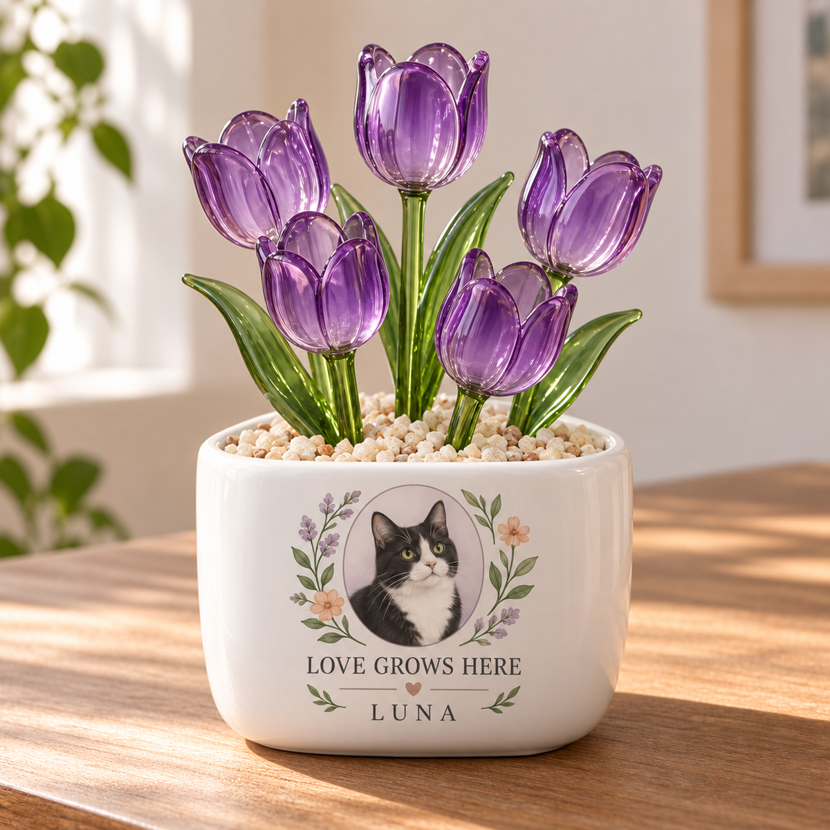 love grows here personalized pet glass tulip pot — primary design mockup