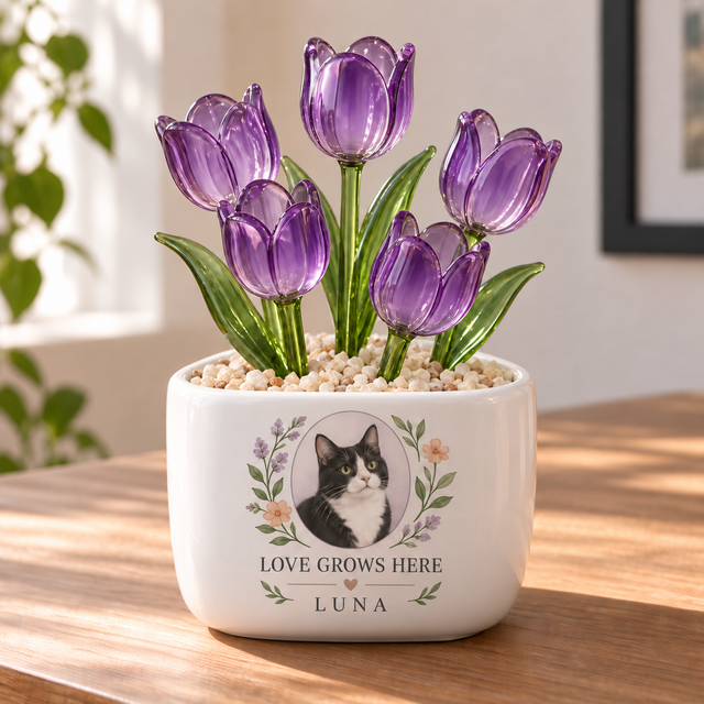 love grows here personalized pet glass tulip pot — primary design mockup