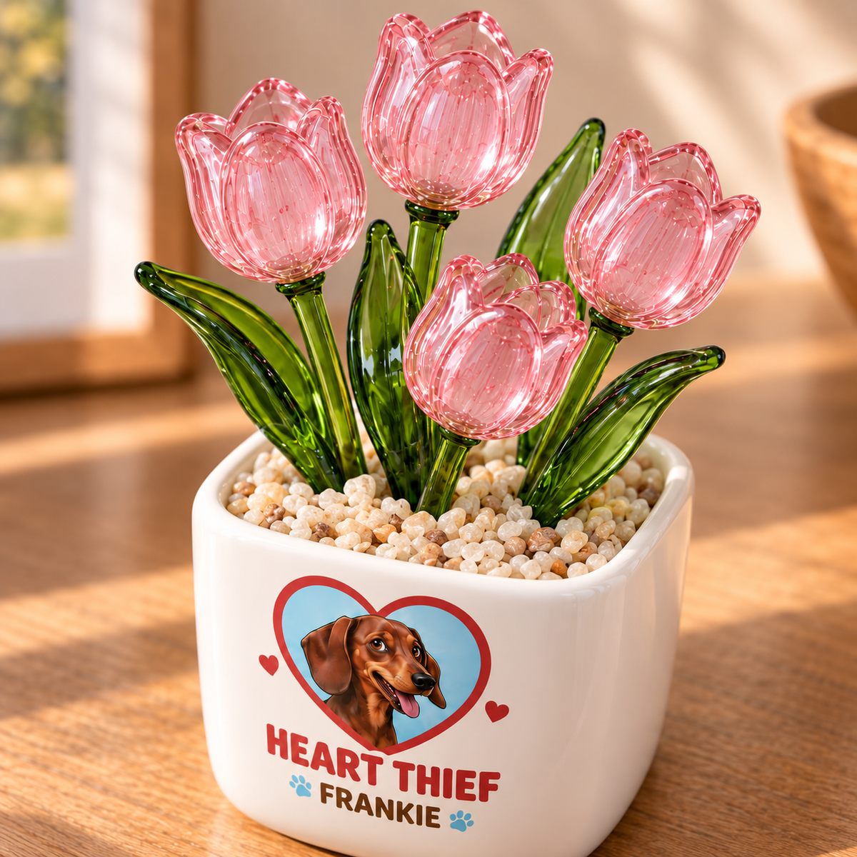 certified heart thief personalized pet glass tulip pot — glass tulip detail close-up