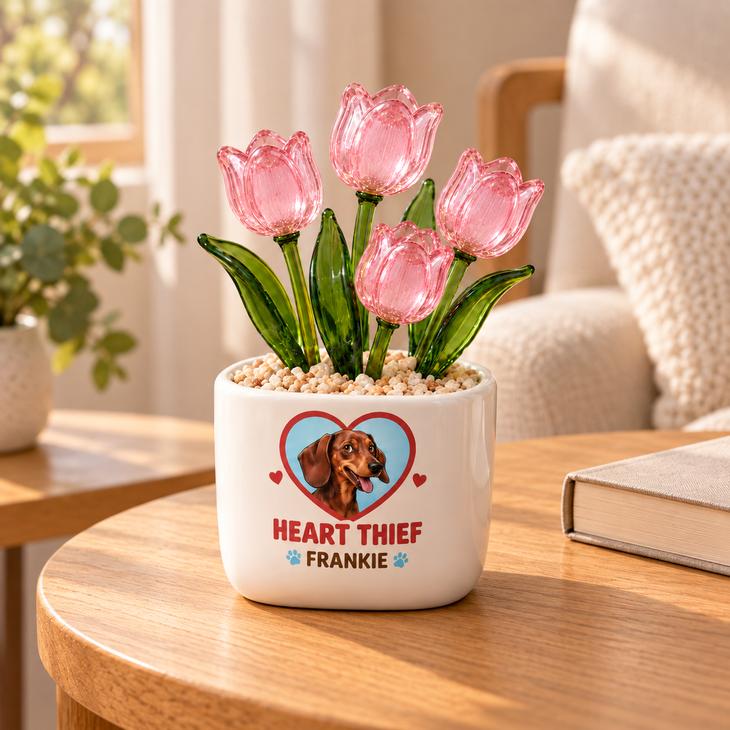certified heart thief personalized pet glass tulip pot — warm home interior mockup