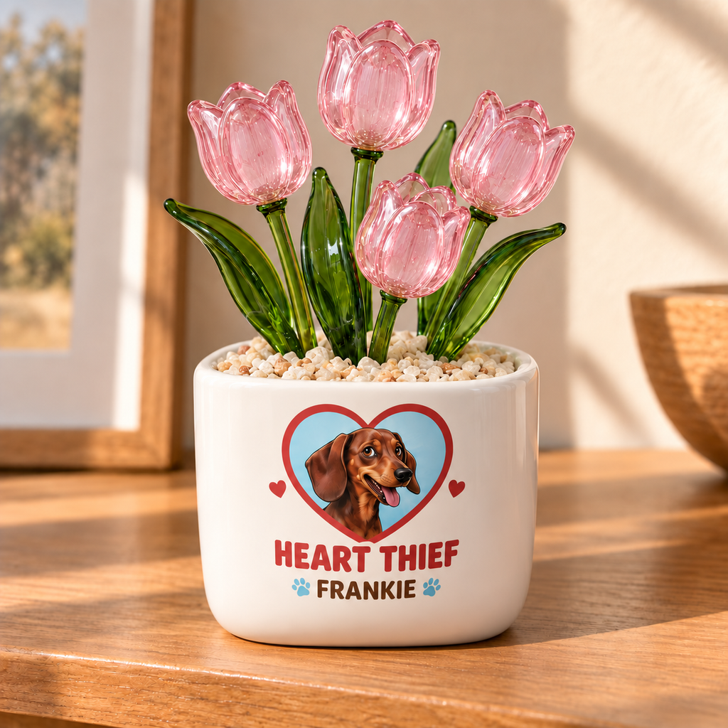 certified heart thief personalized pet glass tulip pot — primary design mockup