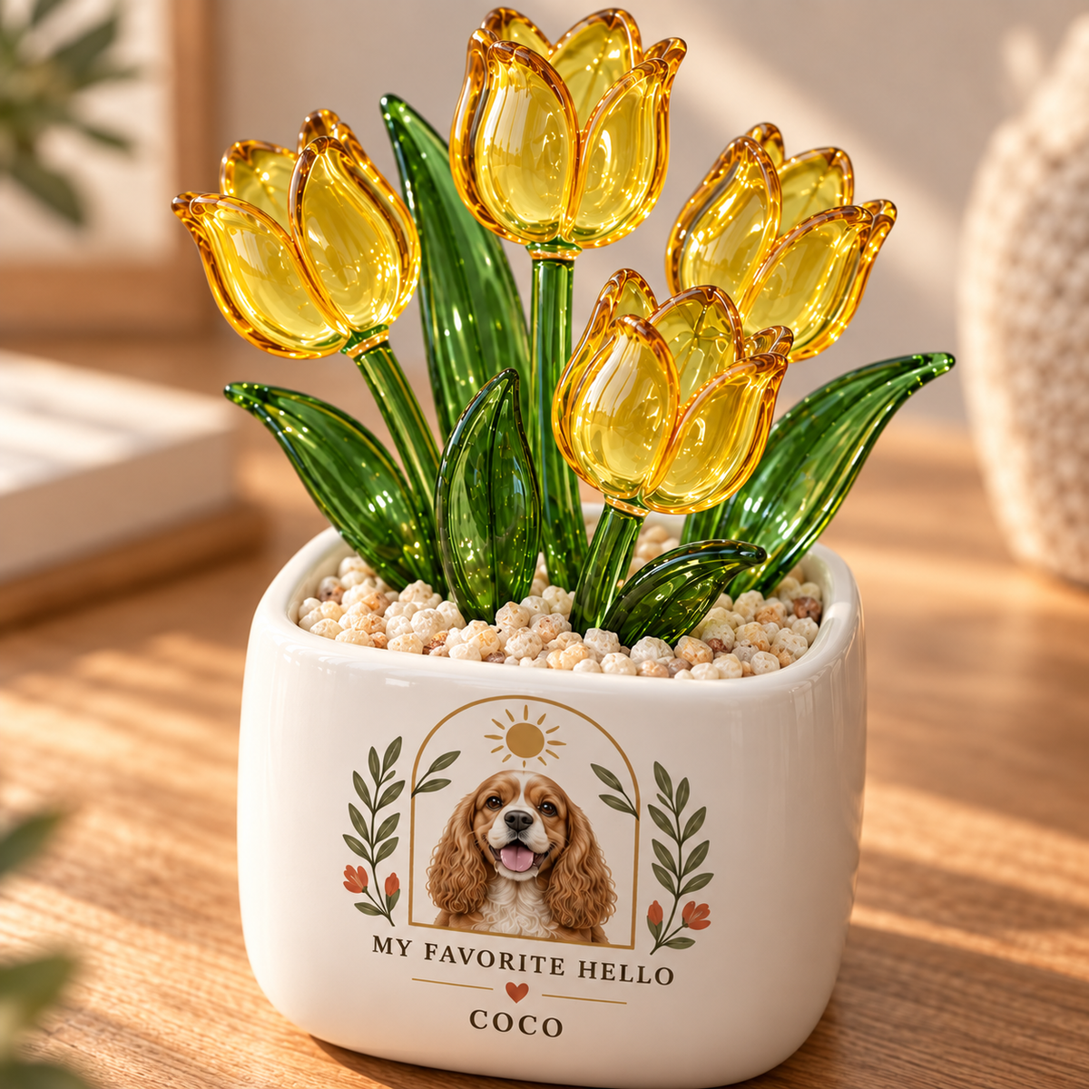 my favorite hello personalized pet glass tulip pot — glass tulip detail close-up