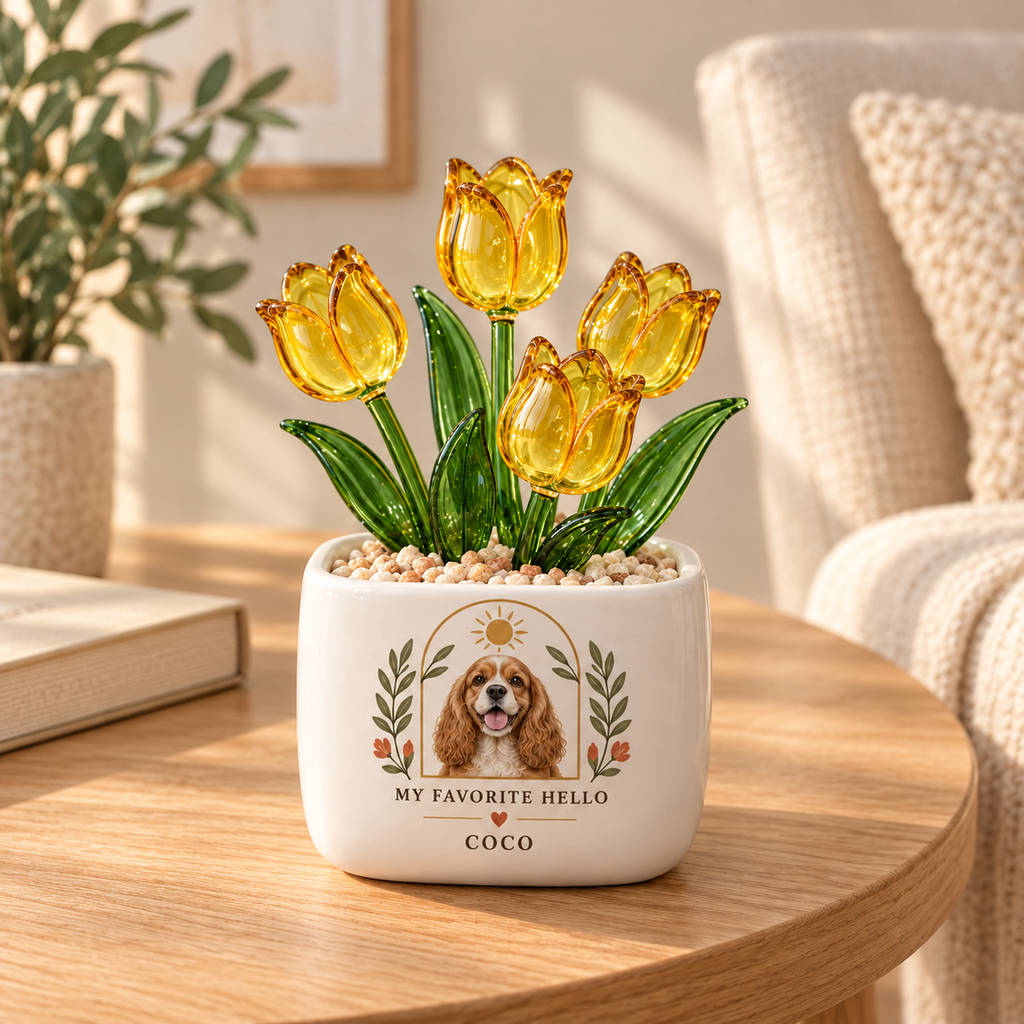 my favorite hello personalized pet glass tulip pot — warm home interior mockup