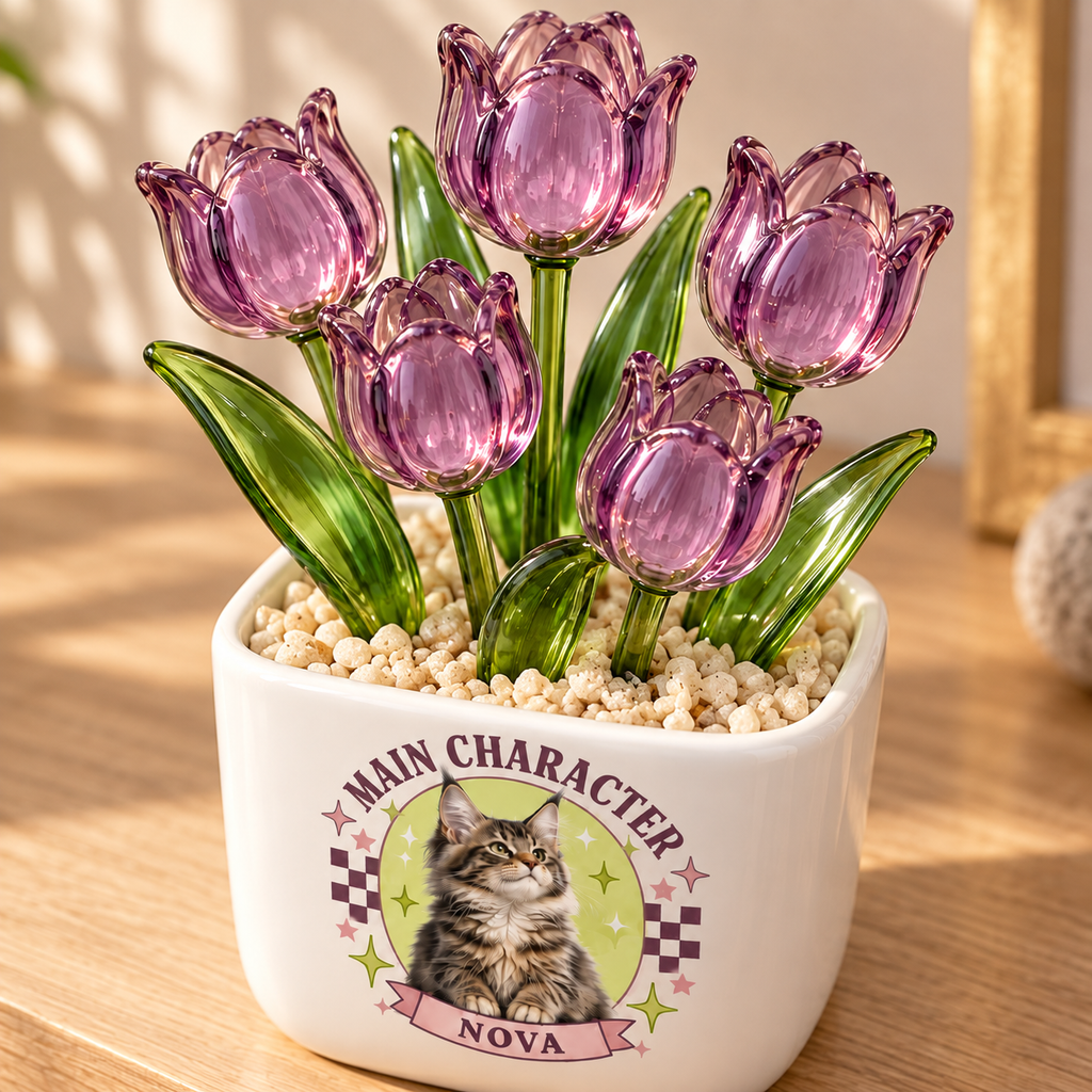 main character energy personalized pet glass tulip pot — glass tulip detail close-up