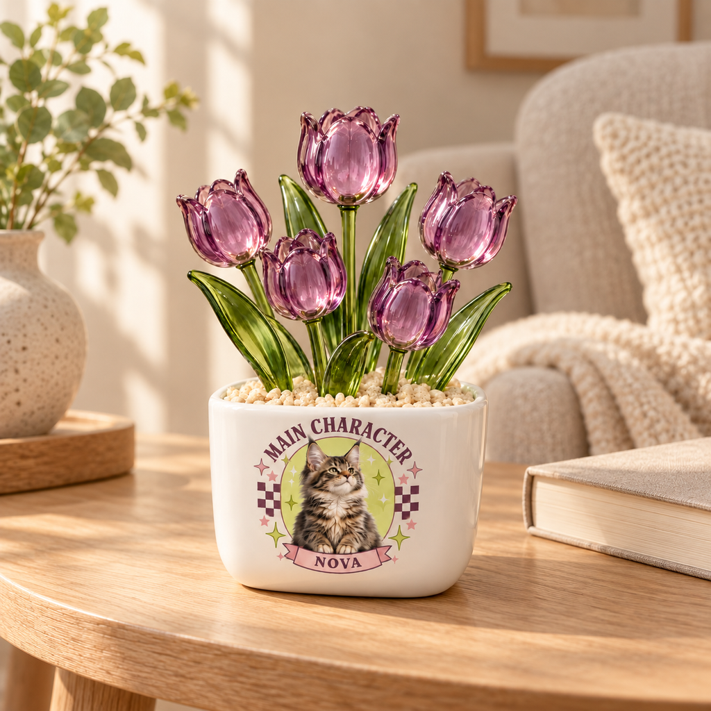main character energy personalized pet glass tulip pot — warm home interior mockup