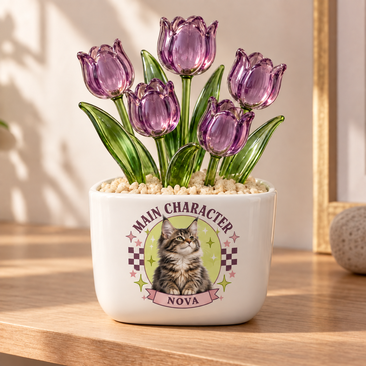 main character energy personalized pet glass tulip pot — primary design mockup