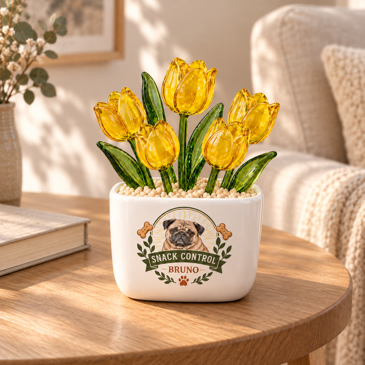 snack quality control personalized pet glass tulip pot — warm home interior mockup