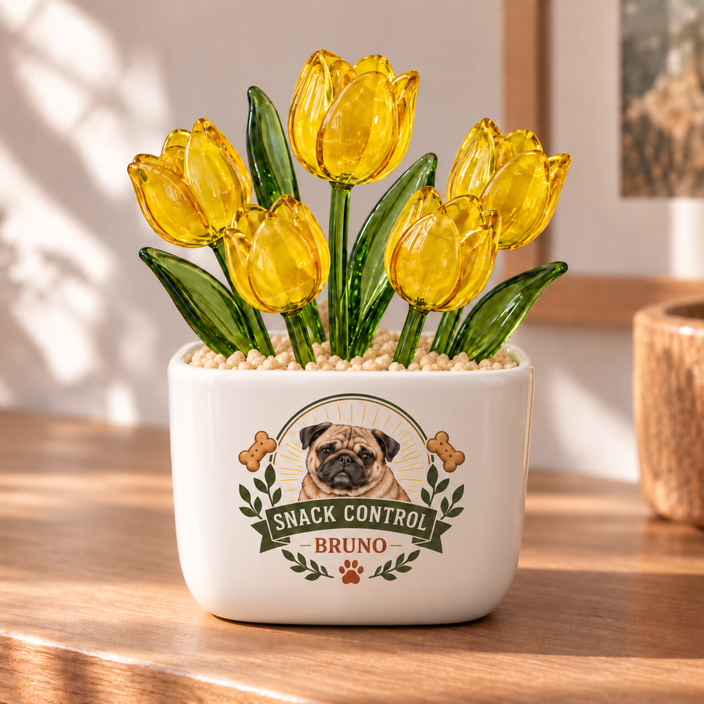 snack quality control personalized pet glass tulip pot — primary design mockup