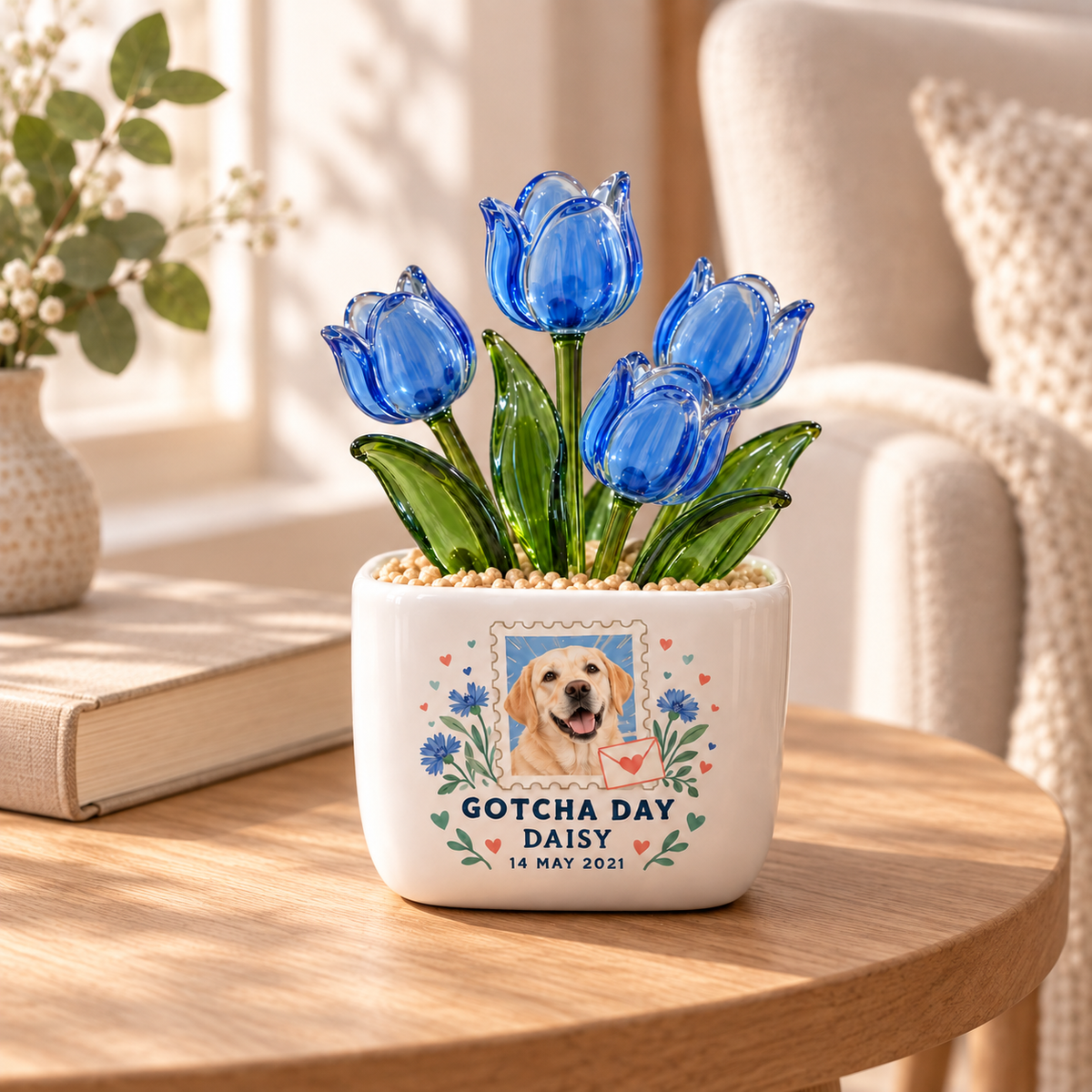 gotcha day forever personalized pet glass tulip pot — warm home interior mockup