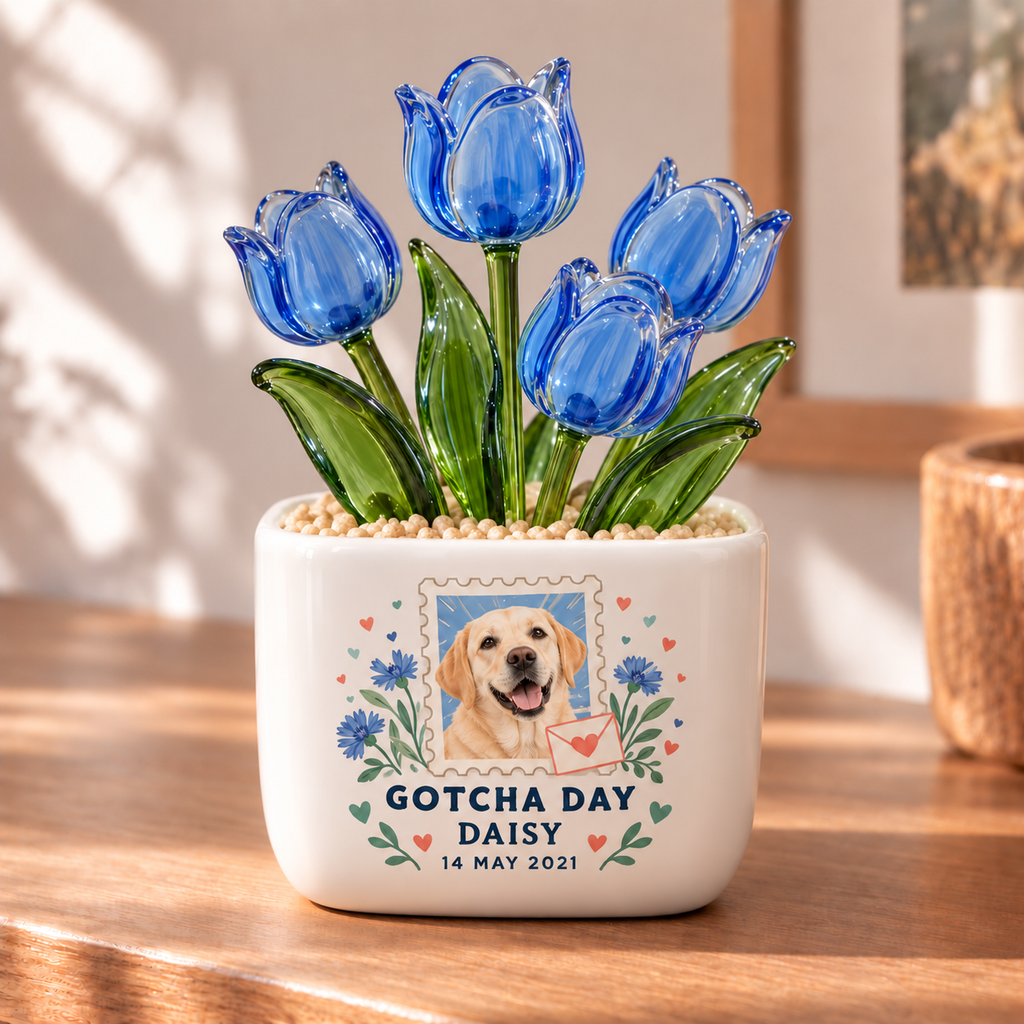 gotcha day forever personalized pet glass tulip pot — primary design mockup