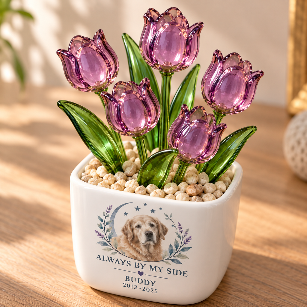 always by my side personalized pet glass tulip pot — glass tulip detail close-up