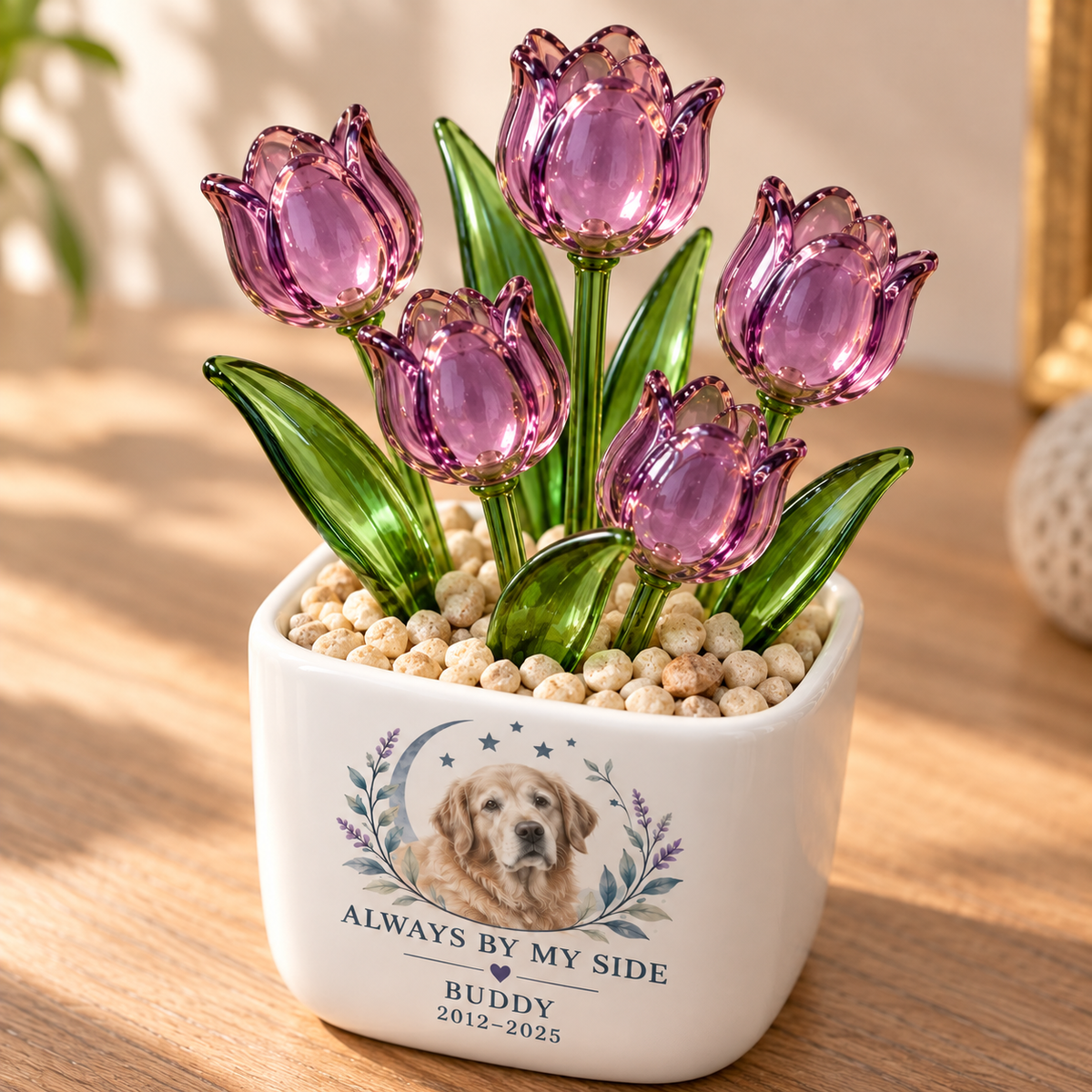 always by my side personalized pet glass tulip pot — glass tulip detail close-up
