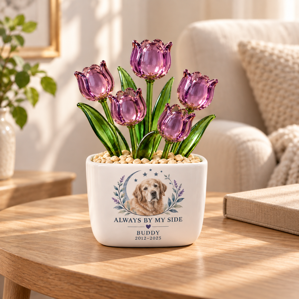 always by my side personalized pet glass tulip pot — warm home interior mockup