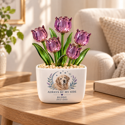 always by my side personalized pet glass tulip pot — warm home interior mockup