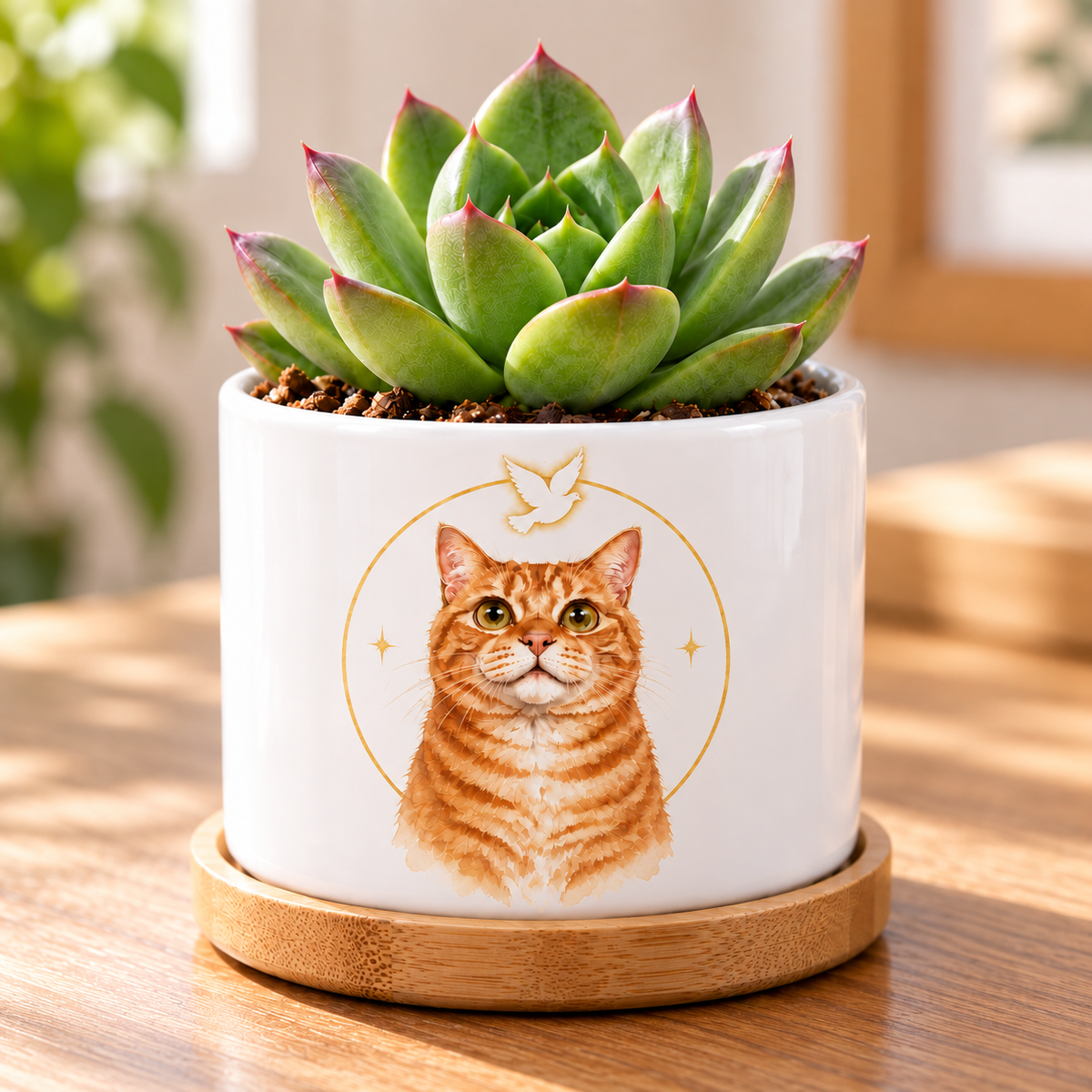 Golden Halo personalized pet plant pot close-up