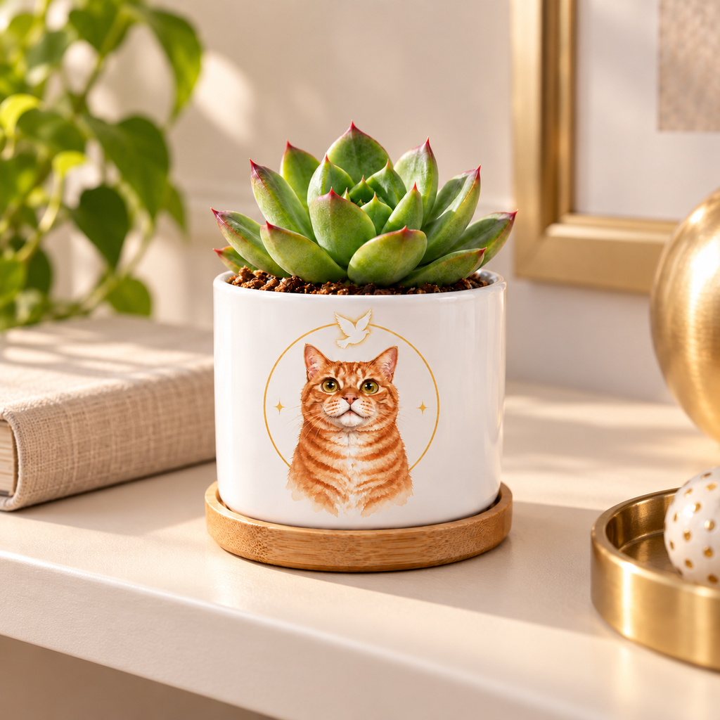 Golden Halo personalized pet plant pot side-angle lifestyle