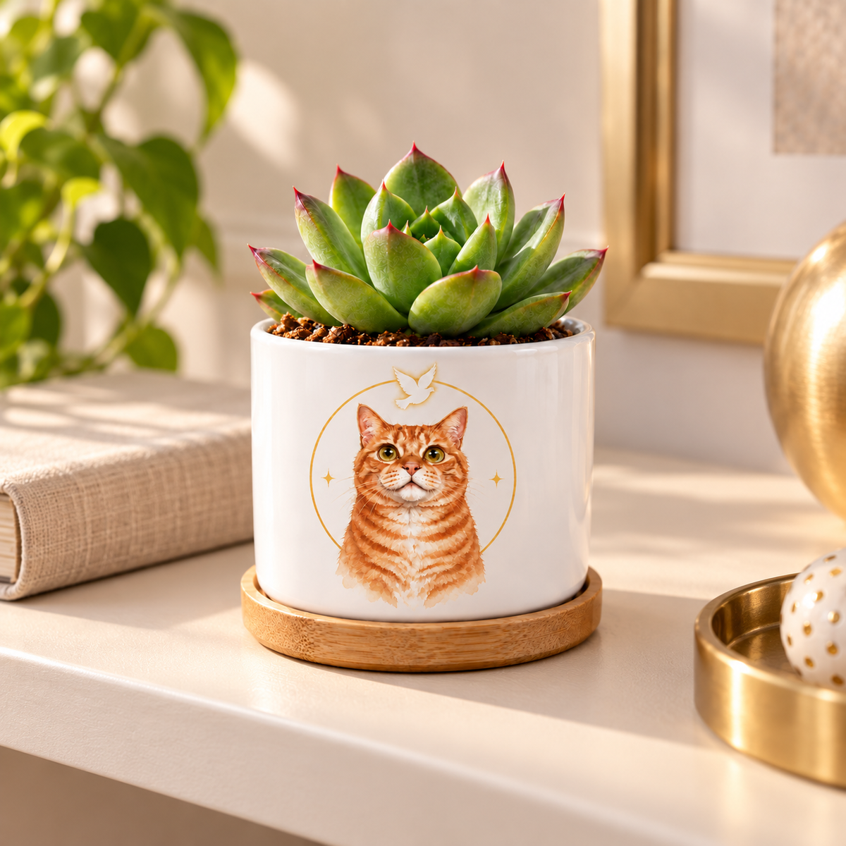 Golden Halo personalized pet plant pot side-angle lifestyle