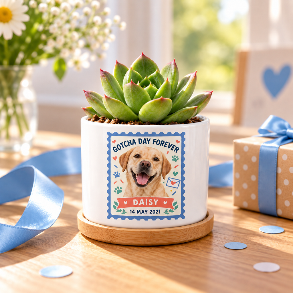 Gotcha Day Forever personalized pet plant pot in a real-life setting