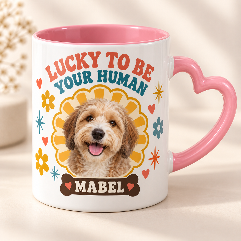 Lucky to Be Your Human — Personalized Pet Heart Handle Mug — close-up example mockup