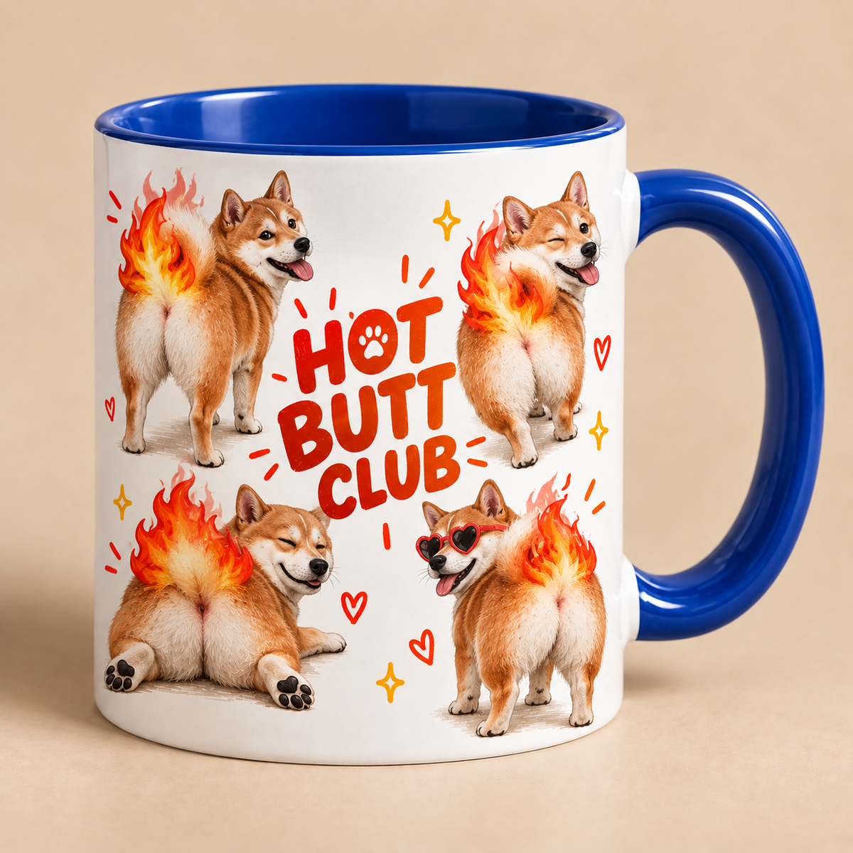 Blue Hot Butt Club mug showing a personalized dog artwork example