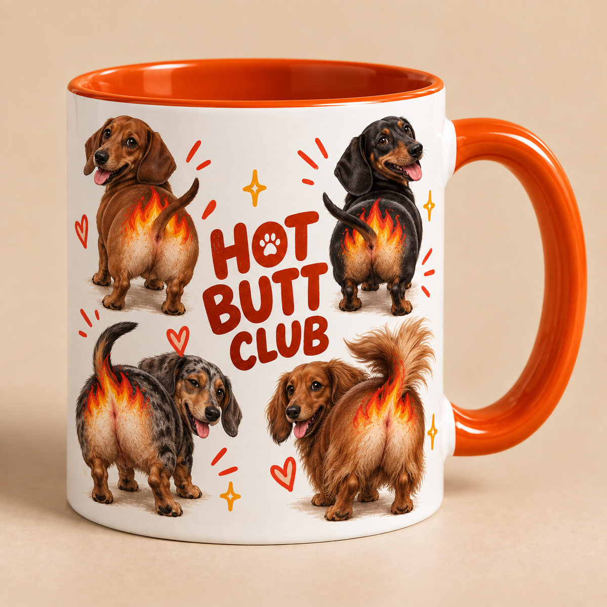 Orange Hot Butt Club mug showing a dachshund artwork example