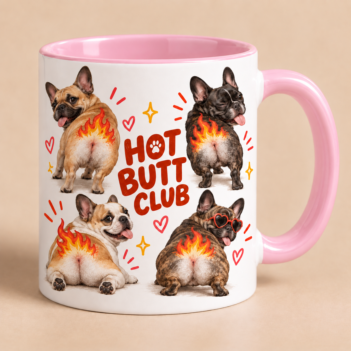 Pink Hot Butt Club mug showing a French bulldog artwork example
