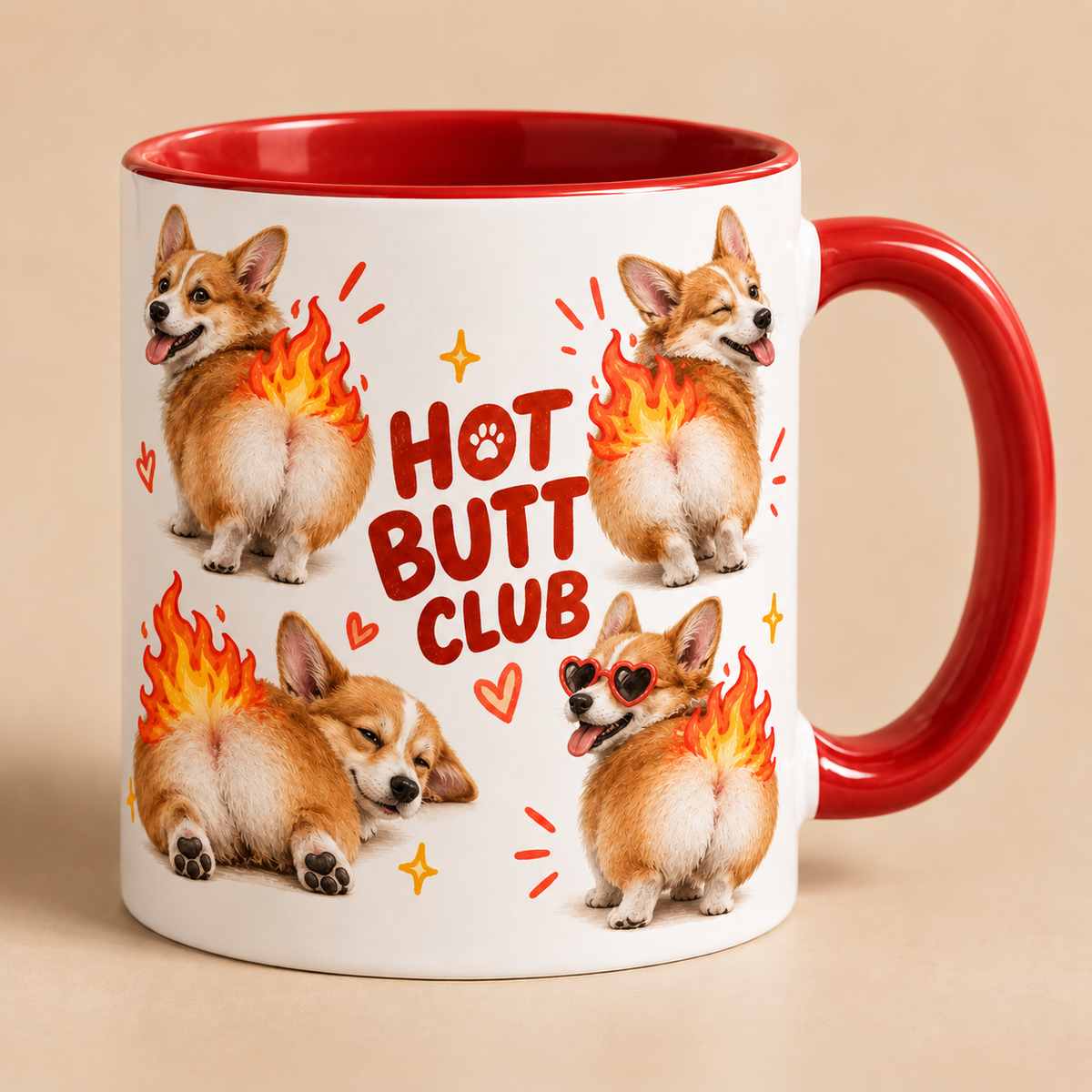 Hot Butt Club personalized dog mug with red handle and corgi artwork