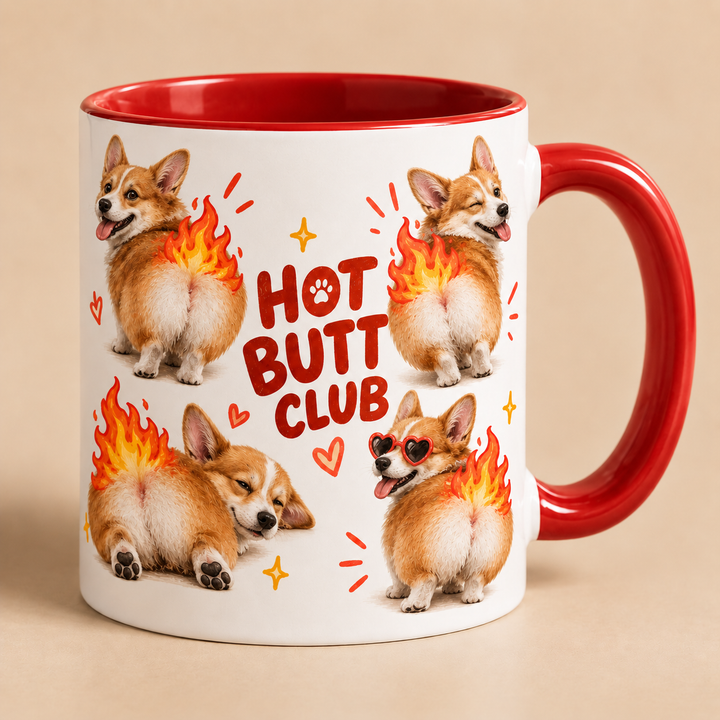 Hot Butt Club personalized dog mug with red handle and corgi artwork