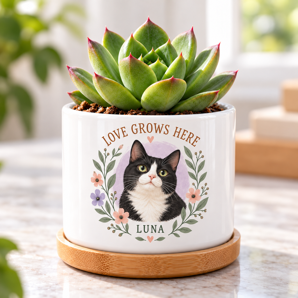 Love Grows Here personalized pet plant pot close-up